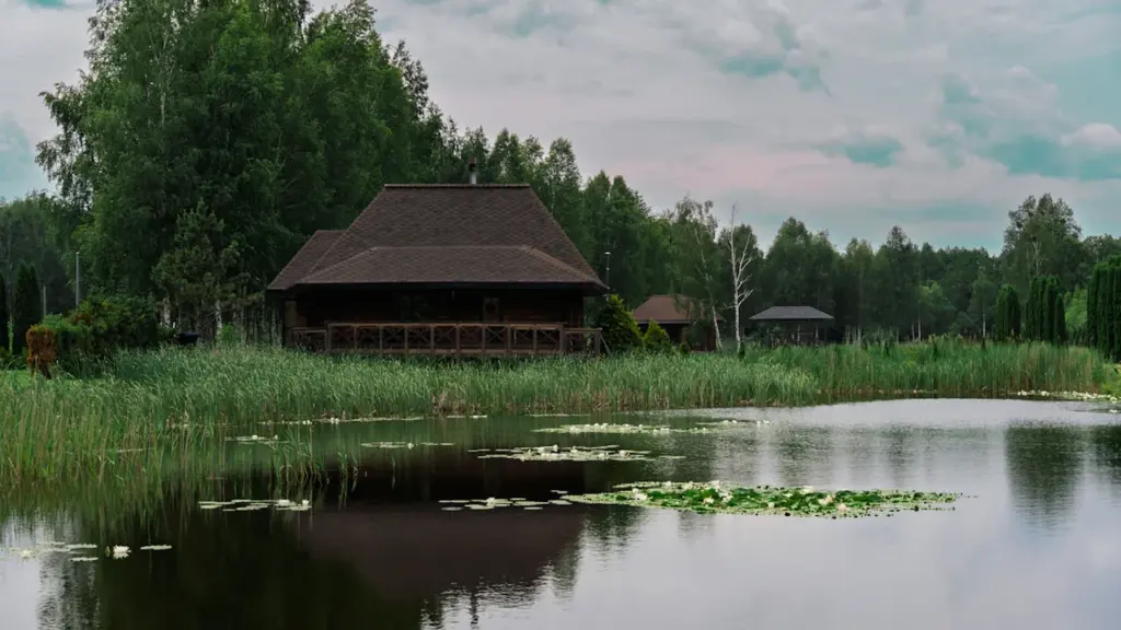 Drewniany dom nad spokojnym jeziorem w otoczeniu zieleni i natury w Polsce.