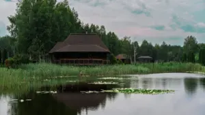 Drewniany dom nad spokojnym jeziorem w otoczeniu zieleni i natury w Polsce.
