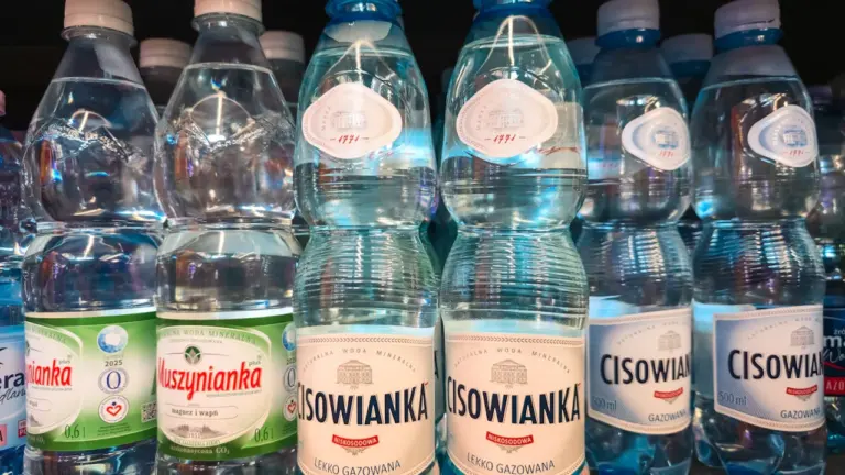 Butelki wody mineralnej Cisowianka na sklepowej półce w polskim sklepie spożywczym.