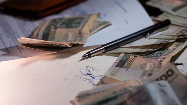Pieniądze oraz długopis leżące na dokumentach finansowych, symbolizujące planowanie budżetu domowego.