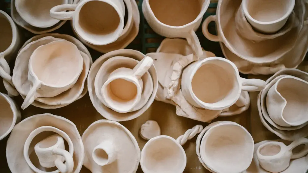 Kolekcja różnorodnych ceramicznych naczyń i rzeźb prezentowana na wystawie w Fundacji LEKKOŚĆ.